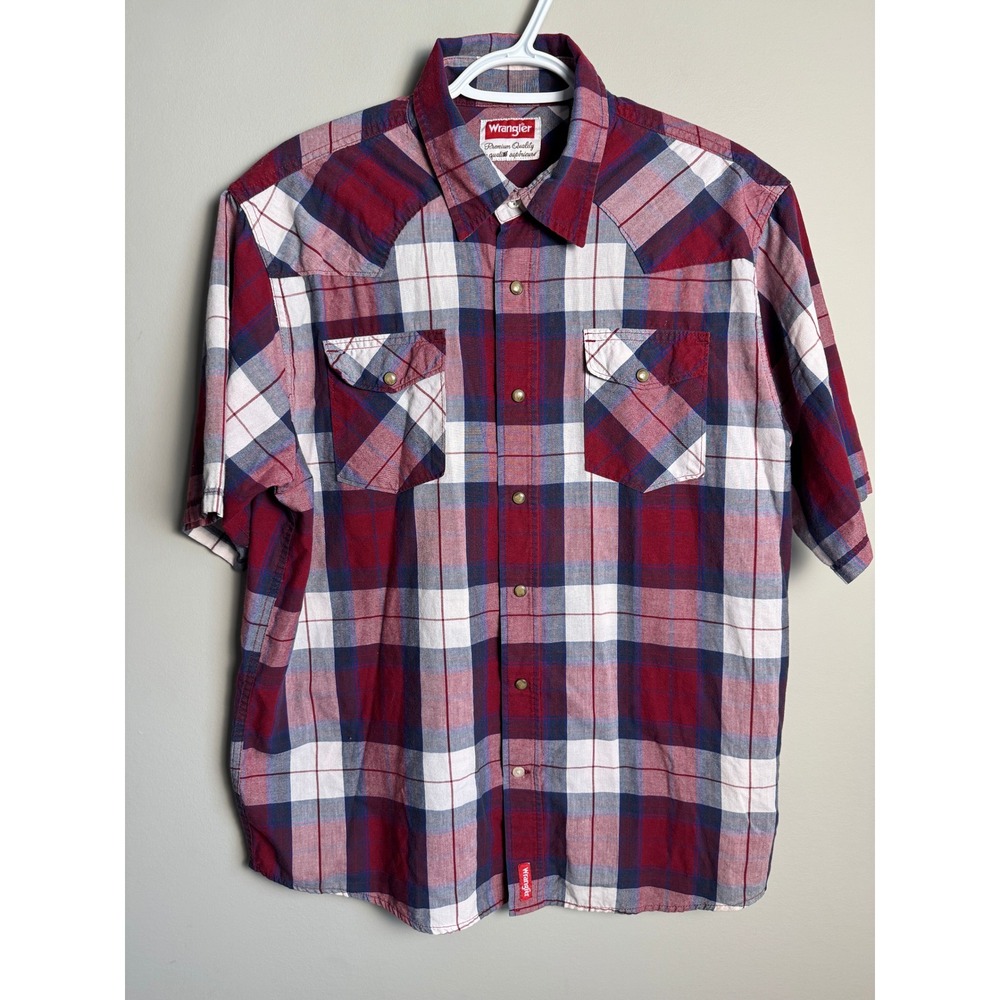 Wrangler Western Plaid Pearl Snap Short Sleeve Shirt L Red Cowboy Ranch Rugged